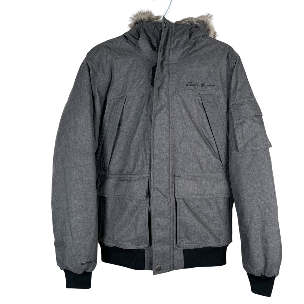 Eddie Bauer Superior Down WeatherEdge Parka Jacket Mens S Gray Faux Fur Hooded - Picture 1 of 9